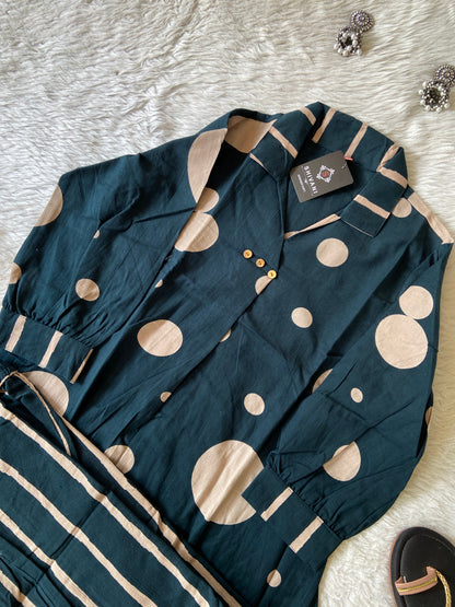 Polka Dots Cotton Aline Kurti With Palazzo. Cotton Kurtis Sets For Women Online India. Shop the Latest Festive Summer Collection at Shivani Designer Kurti.