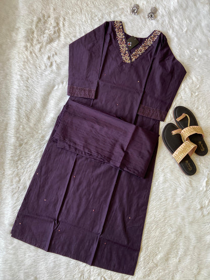 VNeck With Beautiful Handwork, StraightCut Kurti With Palazzo. Silk StraightCut Kurti Sets For Women