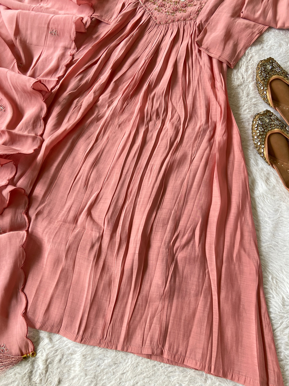 Hand Work Neck, Mul Chanderi Aline Kurti With Palazzo And Dupatta. Silk Suit Sets For Women Online India. Shop the Latest Festive Summer Collection at Shivani Designer Kurti.