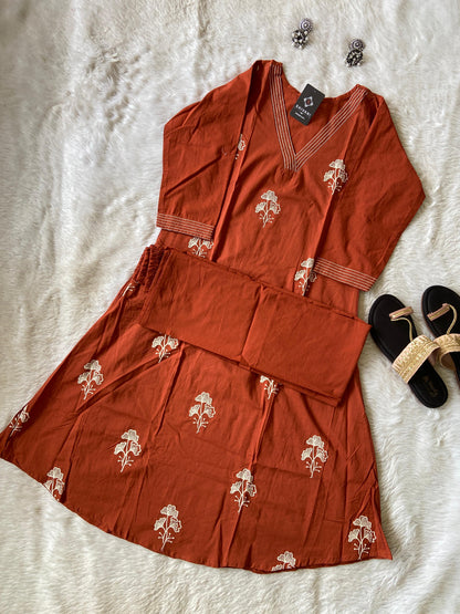 Beautiful Embroidery Work, VNeck Aline Kurti With Palazzo. Cotton Aline Kurti Sets For Women.