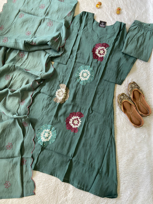 Beautiful Flower Embroidery Work In Aline Kurti With Semi Palazzo And Dupatta. Silk Suit Sets For Women Online India. Shop the Latest Festive Summer Collection at Shivani Designer Kurti.