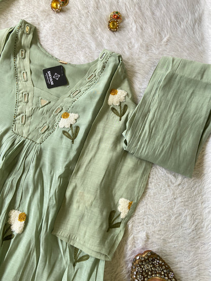 Mirror Work V-Neck With Flower Work Embroidery, Aline Kurti (Full Lining) With Pant And Dupatta. Silk Suit Sets For Women Online India. Shop the Latest Festive Summer Collection at Shivani Designer Kurti.