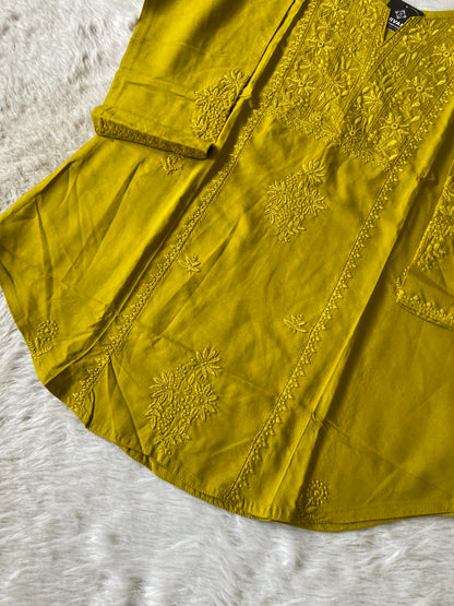 Rayon Lucknowi Chikankari Short Kurti. Rayon Short Top For Women online India. Shop the Latest Festive Summer Collection at Shivani Designer Kurti.