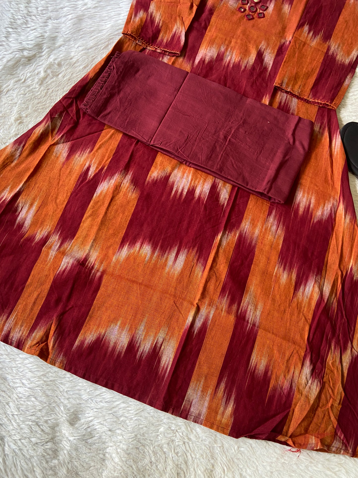 Ikkat Print Cotton Aline Kurti With Palazzo. Cotton Aline Kurti Sets For Women Online India. Shop the Latest Festive Summer Collection at Shivani Designer Kurti.