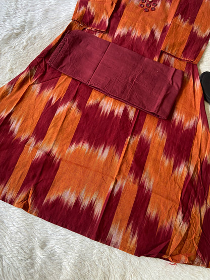 Ikkat Print Cotton Aline Kurti With Palazzo. Cotton Aline Kurti Sets For Women Online India. Shop the Latest Festive Summer Collection at Shivani Designer Kurti.