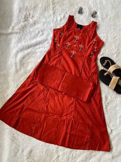 Real Mirror With Handwork, Sleeveless Kurti With Lowcut, Matching Palazzo, Cotton Aline Kurti Sets For Women.