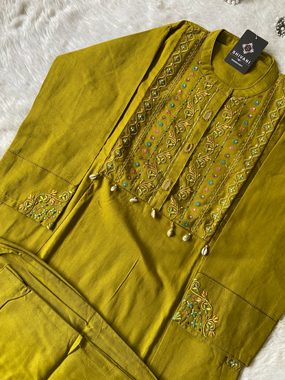 EmbroideryWork In Neck, Cotton Aline Kurti With Palazzo. Cotton Aline Kurti Sets For Women Online India. Shop the Latest Festive Summer Collection at Shivani Designer Kurti.