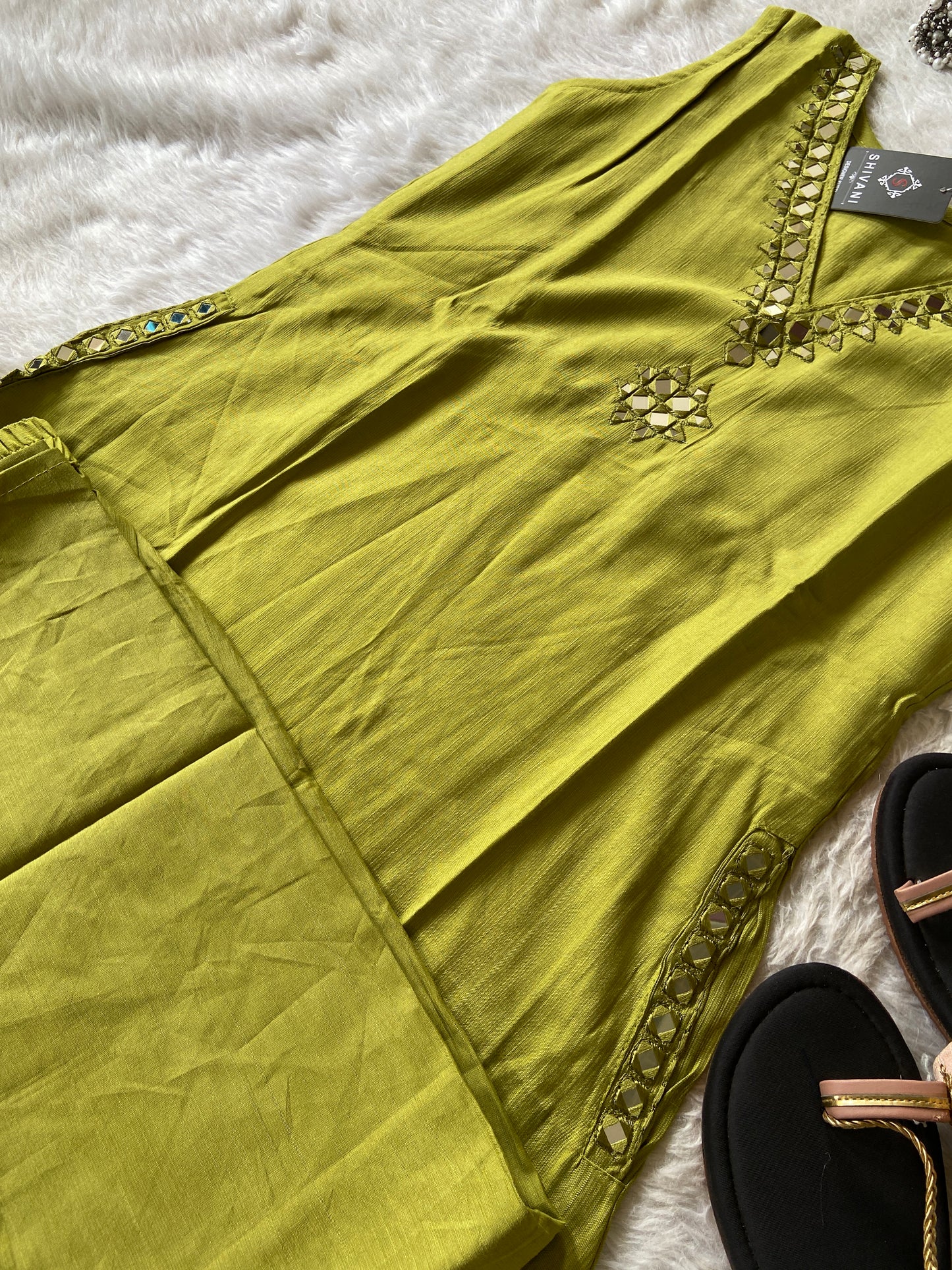 Sleeveless Aline Kurti With Mirror Work With Palazzo, Silk Aline Kurti Sets For Women