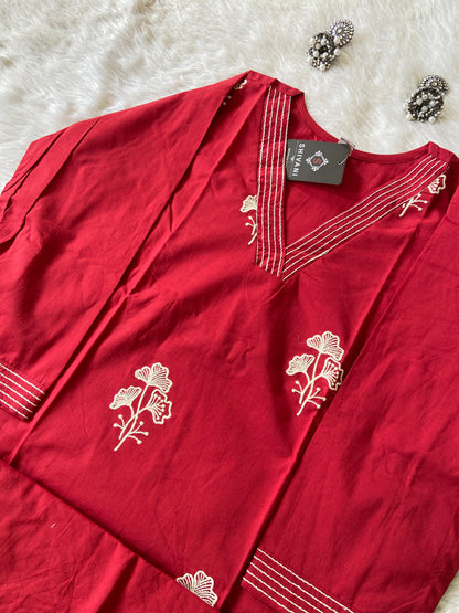 Beautiful Embroidery Work, VNeck Aline Kurti With Palazzo. Cotton Aline Kurti Sets For Women.