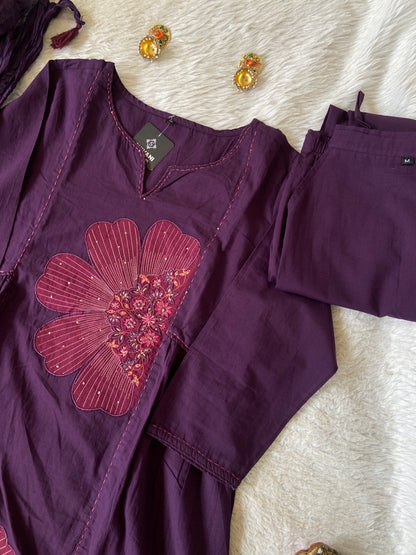 Embroidery Work Cotton Straight Cut Kurti With Pant And Dupatta. Cotton Suit Sets For Women Online India. Shop the Latest Festive Summer Collection at Shivani Designer Kurti.