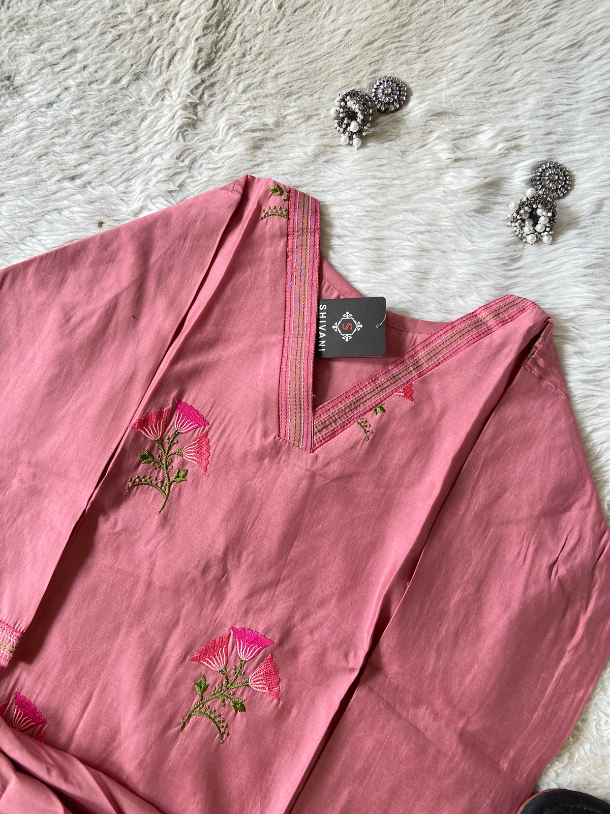Flower Embroidery Work, V-Neck Style Aline Kurti And Palazzo. Silk Aline Kurti Sets For Women Online India. Shop the Latest Festive Summer Collection at Shivani Designer Kurti.