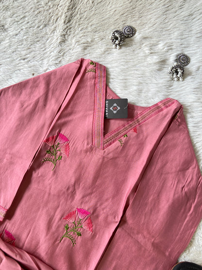 Flower Embroidery Work, V-Neck Style Aline Kurti And Palazzo. Silk Aline Kurti Sets For Women Online India. Shop the Latest Festive Summer Collection at Shivani Designer Kurti.