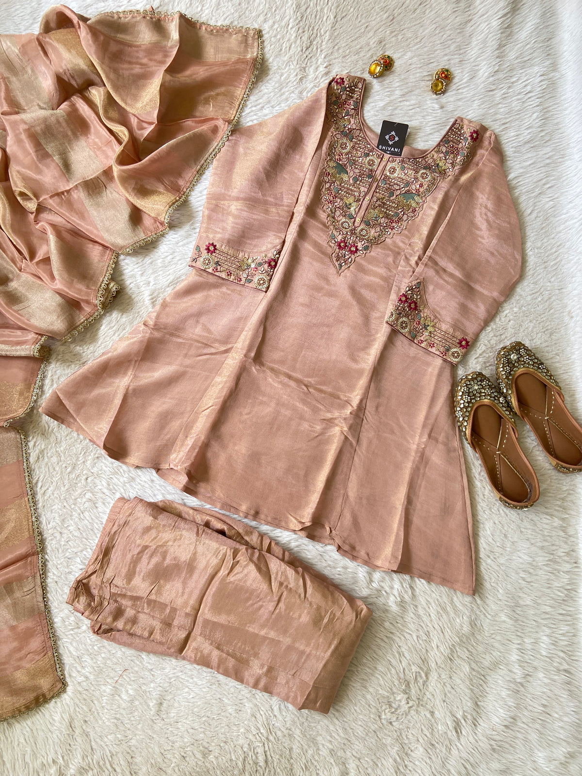 Premium Short Kurti Suit. Tissue Shimmer Short Kurti With Full Flair Palazzo And Dupatta. Silk Suit Sets For Women Online India. Shop the Latest Festive Summer Collection at Shivani Designer Kurti.