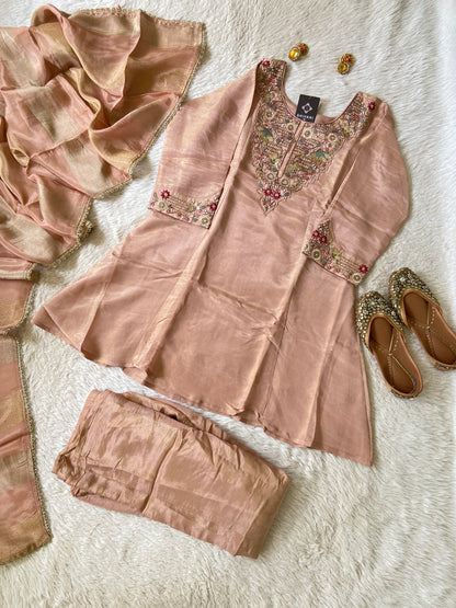 Premium Short Kurti Suit. Tissue Shimmer Short Kurti With Full Flair Palazzo And Dupatta. Silk Suit Sets For Women Online India. Shop the Latest Festive Summer Collection at Shivani Designer Kurti.