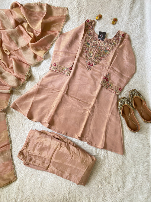 Premium Short Kurti Suit. Tissue Shimmer Short Kurti With Full Flair Palazzo And Dupatta. Silk Suit Sets For Women Online India. Shop the Latest Festive Summer Collection at Shivani Designer Kurti.