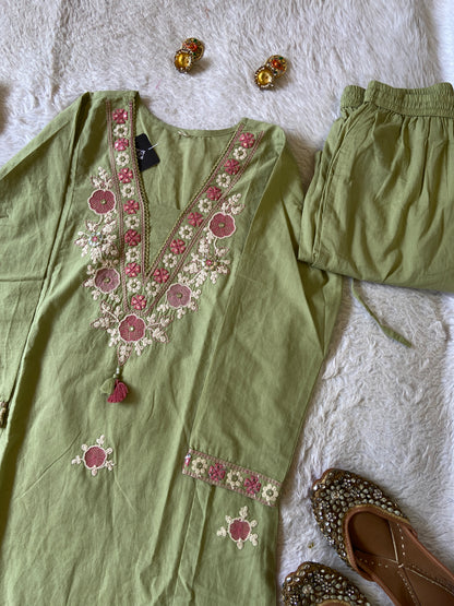 Embroidery Work Cotton Aline Kurti, Pant And Dupatta. Cotton Suit Sets For Women Online India. Shop the Latest Festive Summer Collection at Shivani Designer Kurti.