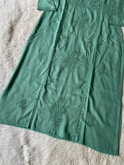 Rayon Straight Lucknowi Chikankari Long Kurti. Rayon Kurti For Women online India. Shop the Latest Festive Summer Collection at Shivani Designer Kurti.