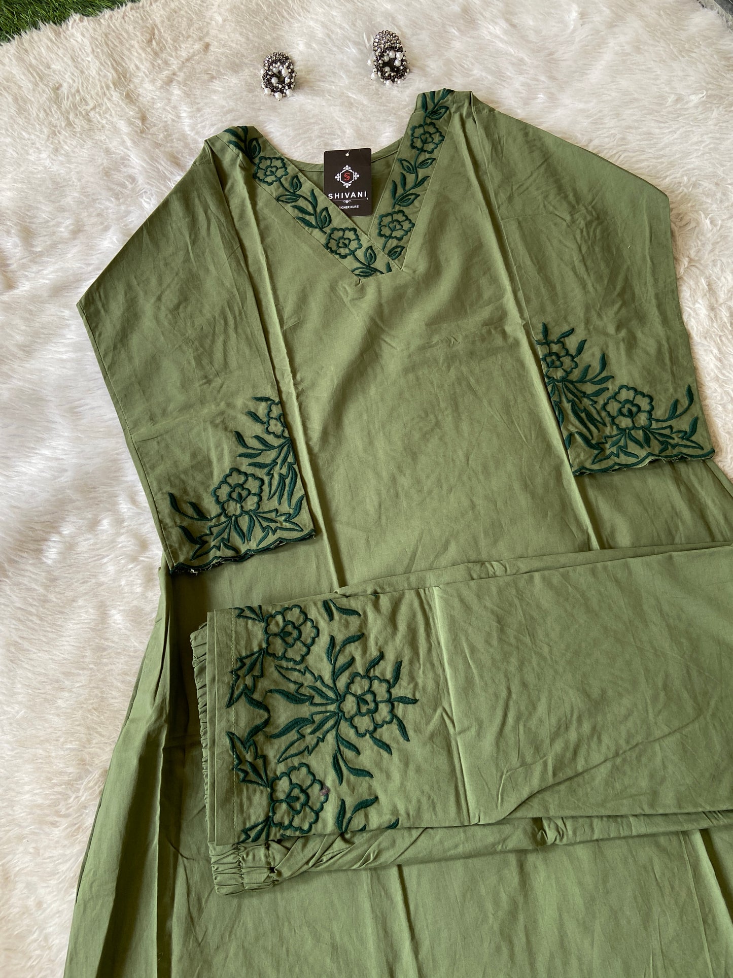 Aline Kurti With Embroidery Neck Work And Palazzo Work. Cotton Aline Kurti Sets For Women