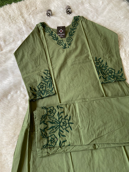 Aline Kurti With Embroidery Neck Work And Palazzo Work. Cotton Aline Kurti Sets For Women