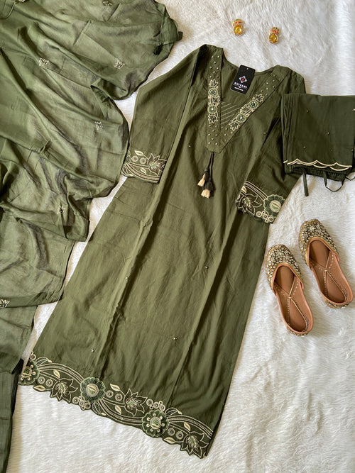 V-neck Style Embroidery Work Cotton Straight Kurtis With Palazzo And Dupatta.. Cotton Suit Sets For Women Online India. Shop the Latest Festive Summer Collection at Shivani Designer Kurti.