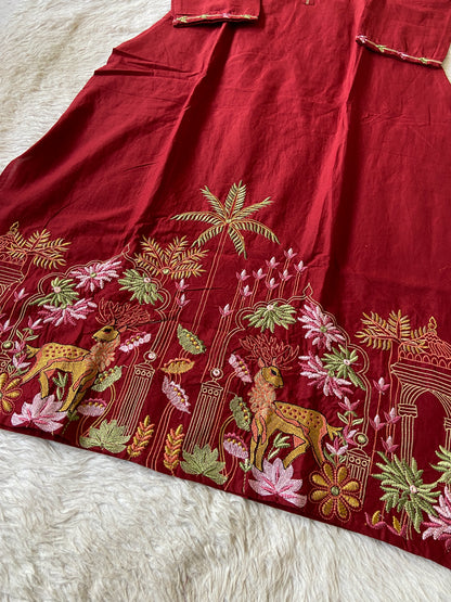 Stand Neck Kurti With Embroidery Work, Plain Palazzo And Dupatta. Cotton StraightCut Suit Sets For Women