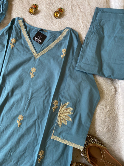 Flower Embroidery Work Cotton Straight Kurti, Pant And Dupatta. Cotton Suit Sets For Women Online India. Shop the Latest Festive Summer Collection at Shivani Designer Kurti.