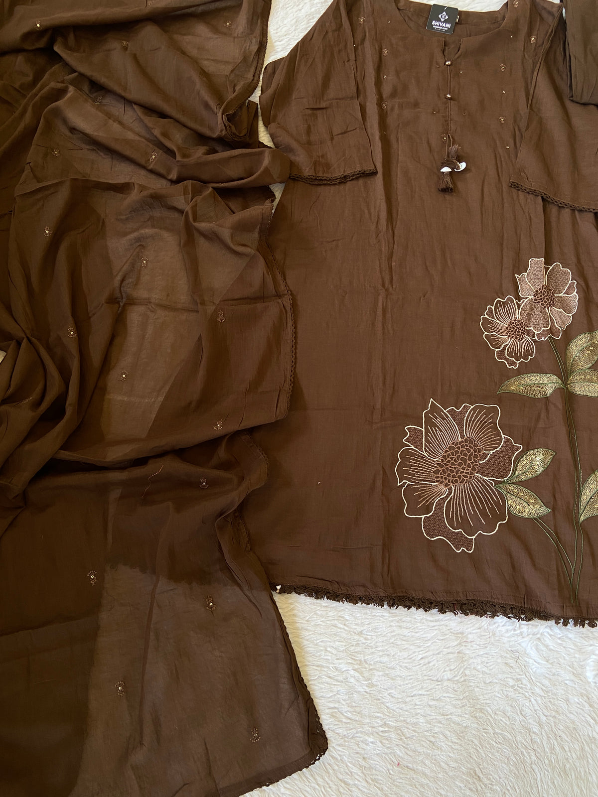 Flower Embroidery Work Cotton Aline Kurti, Pant And Dupatta. Cotton Suit Sets For Women Online India. Shop the Latest Festive Summer Collection at Shivani Designer Kurti.