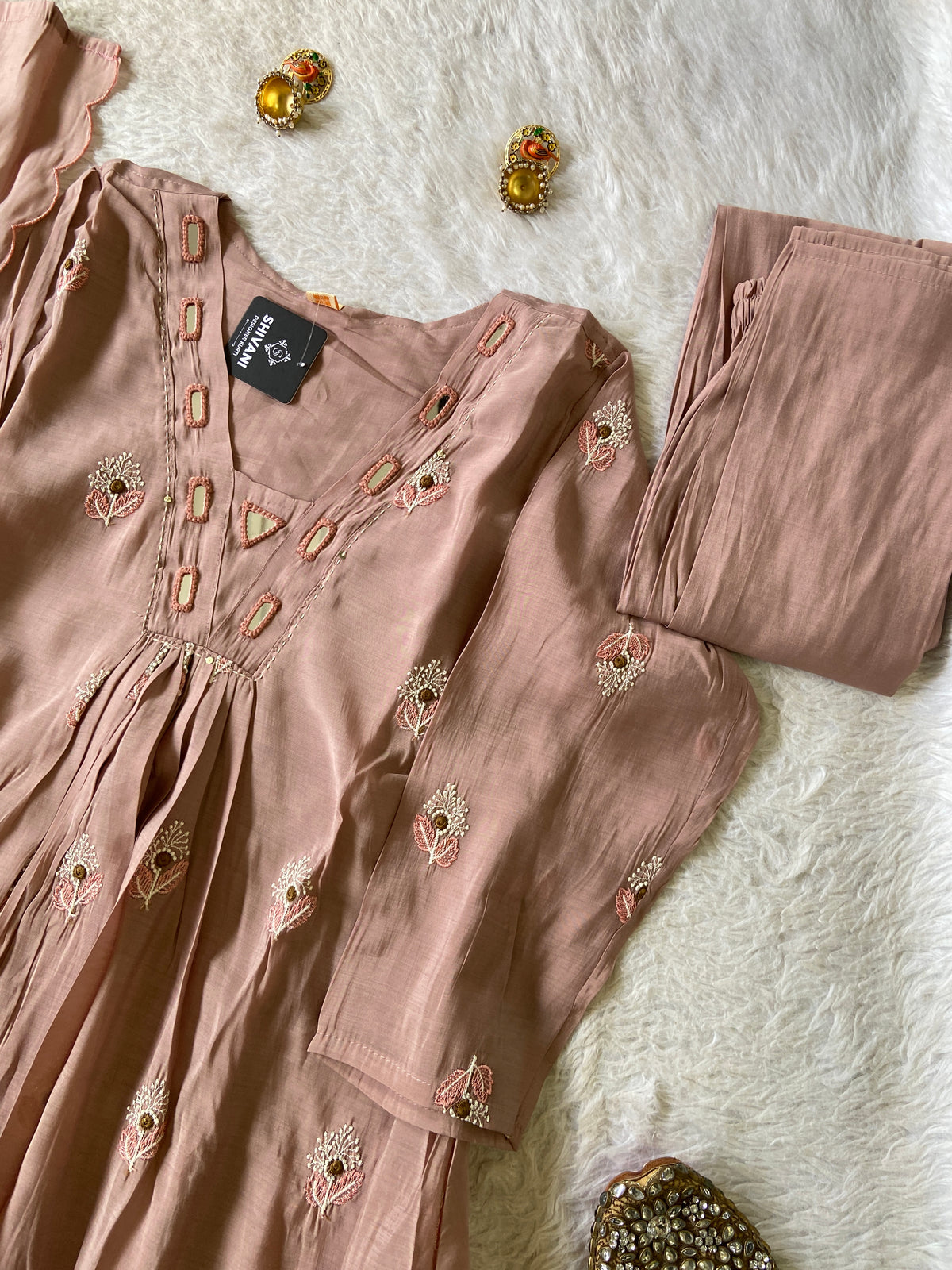 Mirror Work V-Neck With Flower Work Embroidery, Aline Kurti (Full Lining) With Pant And Dupatta. Silk Suit Sets For Women Online India. Shop the Latest Festive Summer Collection at Shivani Designer Kurti.