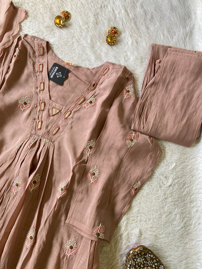 Mirror Work V-Neck With Flower Work Embroidery, Aline Kurti (Full Lining) With Pant And Dupatta. Silk Suit Sets For Women Online India. Shop the Latest Festive Summer Collection at Shivani Designer Kurti.