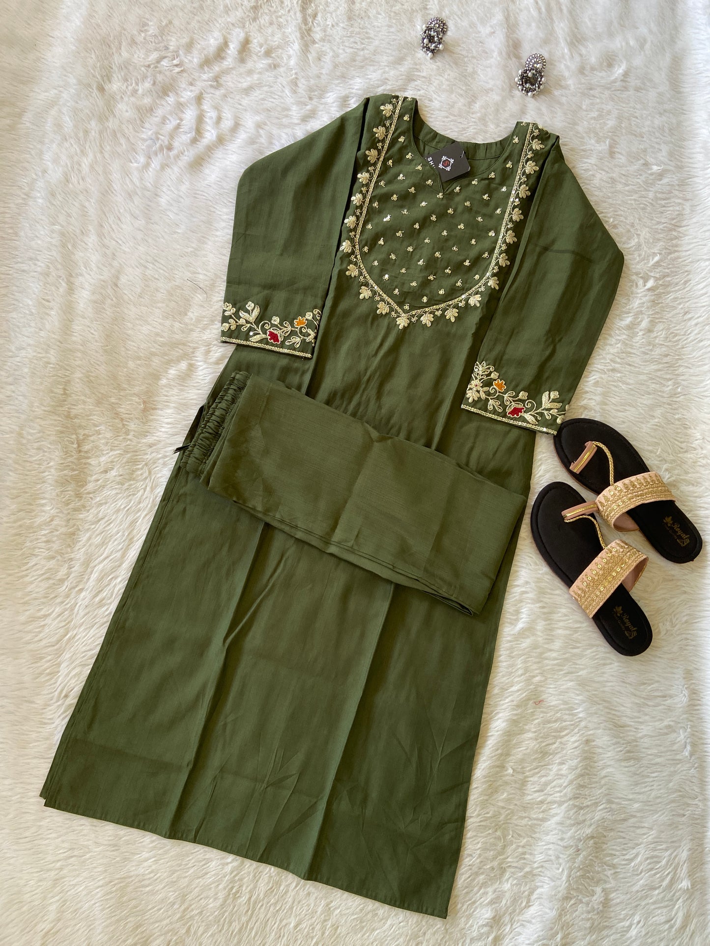 Sleeve Work And Neck Work Kurti With Matching Palazzo, Silk StraightCut Kurti Sets For Women