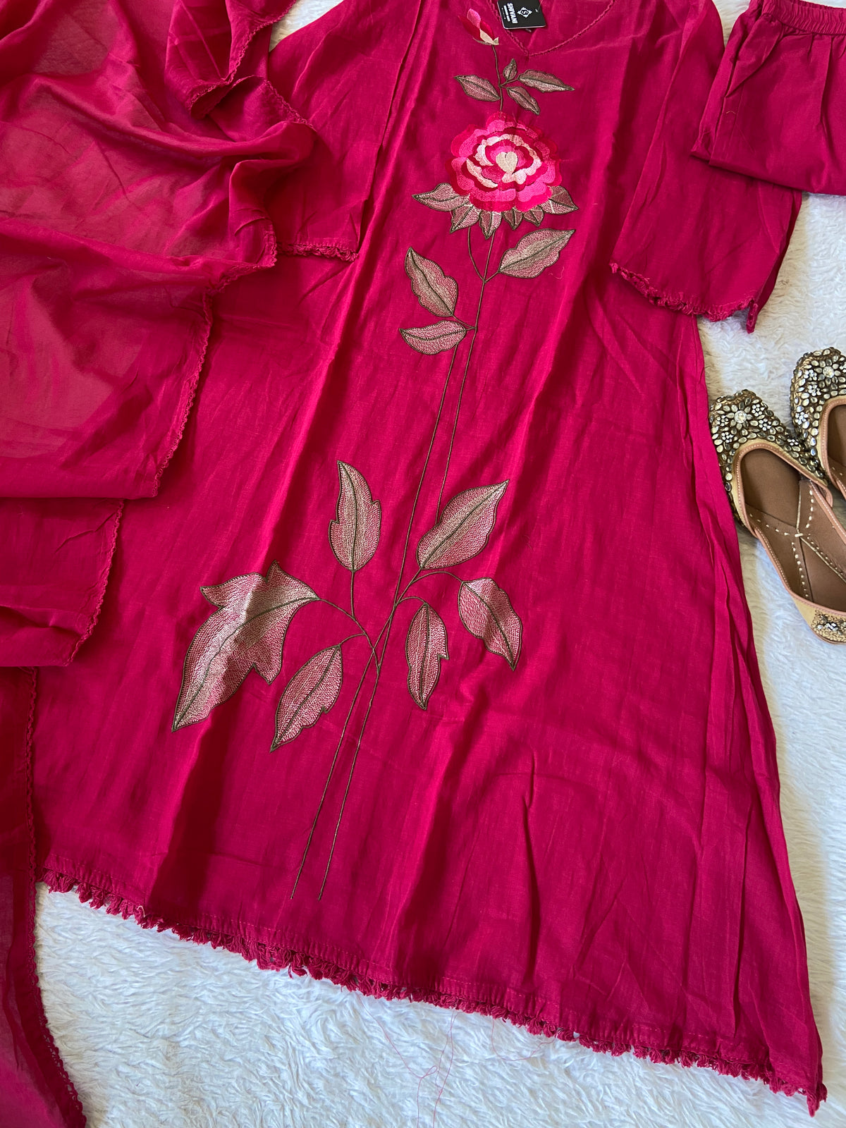 Flower Embroidery Work Cotton Aline Kurti, Pant And Dupatta. Cotton Suit Sets For Women Online India. Shop the Latest Festive Summer Collection at Shivani Designer Kurti.