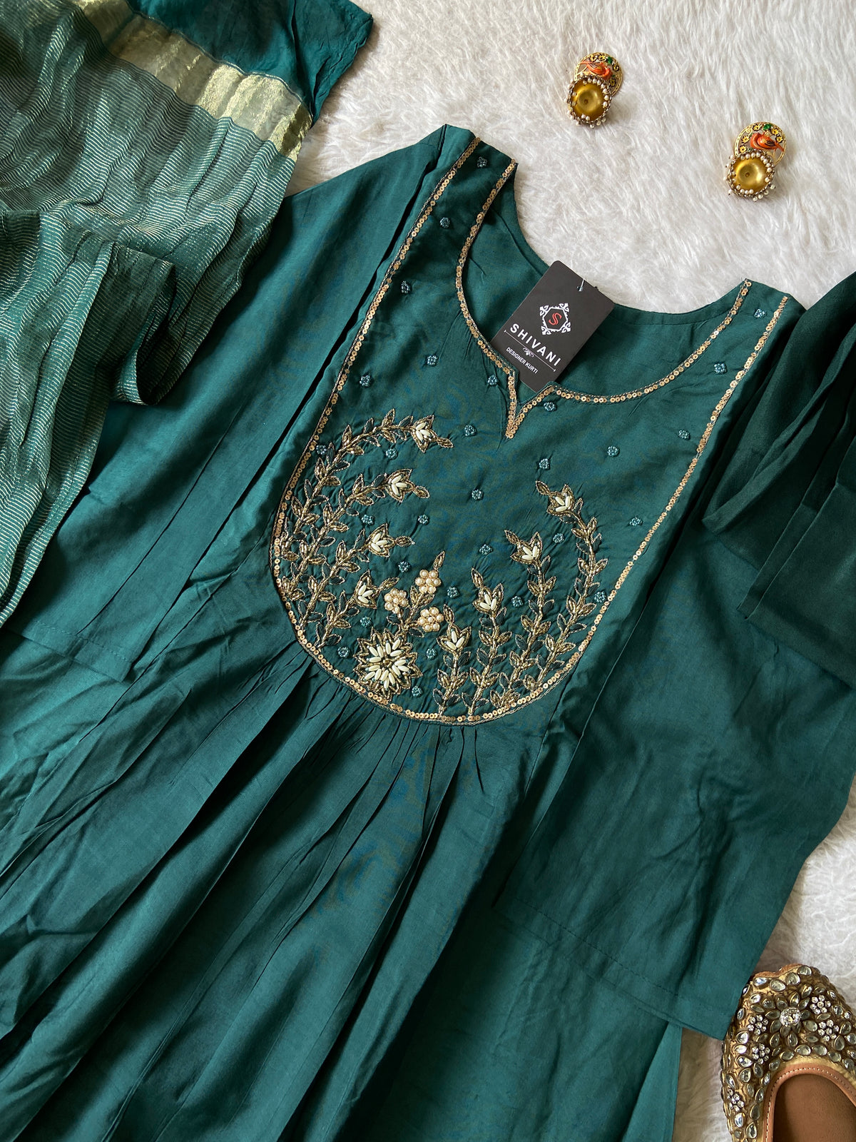 Hand Work Neck, Jamdani Silk Aline Kurti With Palazzo And Dupatta. Silk Suit Sets For Women Online India. Shop the Latest Festive Summer Collection at Shivani Designer Kurti.