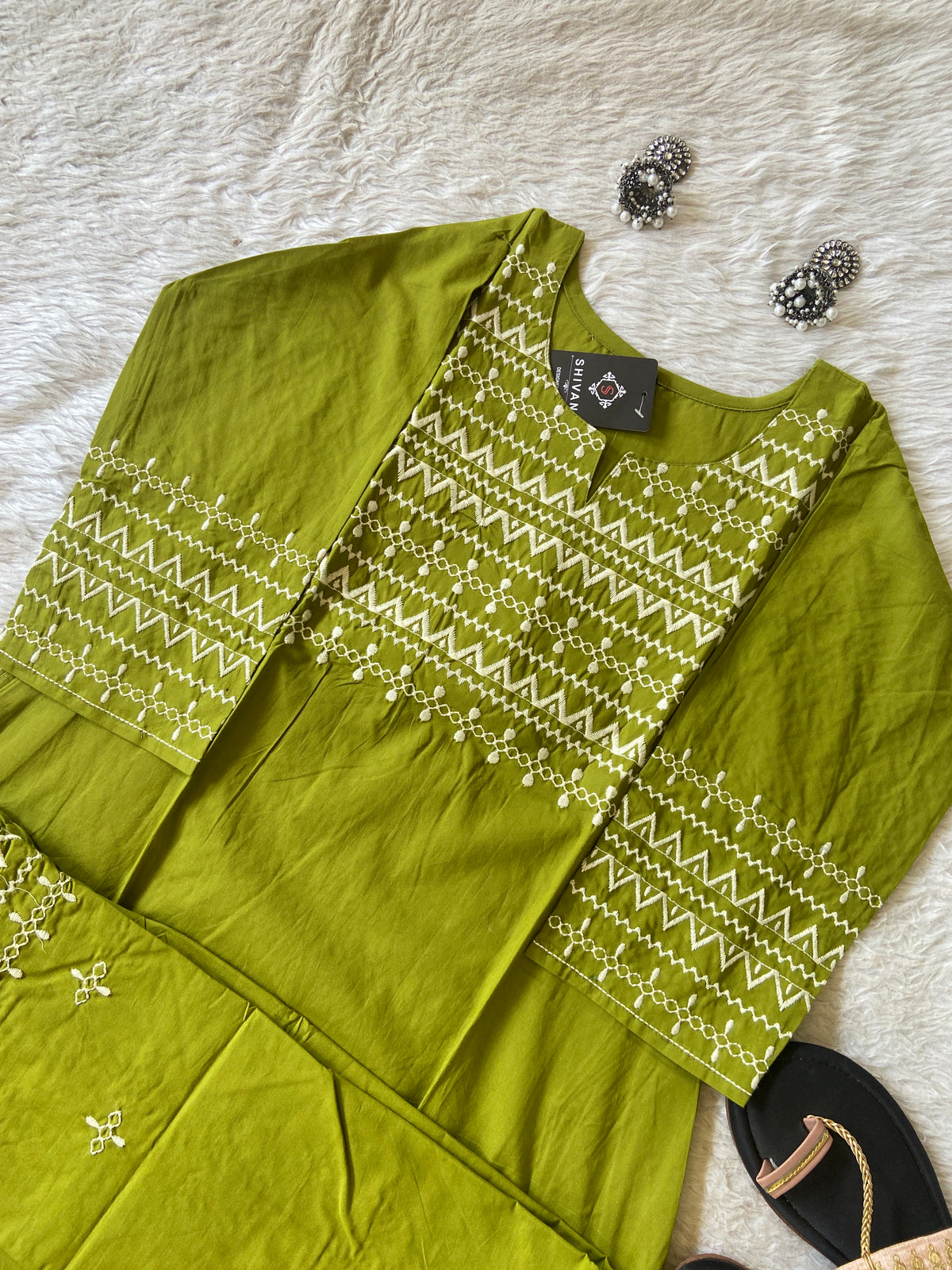 Embroidery Work Cotton Aline Kurti With Palazzo. Cotton Kurti Sets For Women Online India. Shop the Latest Festive Summer Collection at Shivani Designer Kurti.