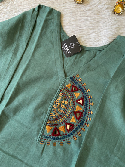 Mirror Hand Work Cotton Flex Straight Cut Kurti With Palazzo And Dupatta. Cotton Suit Sets For Women Online India. Shop the Latest Festive Summer Collection at Shivani Designer Kurti.