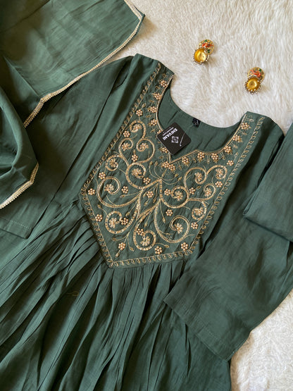 Embroidery Work Mul Chanderi ALine Kurti With Semi Palazzo And Dupatta. Silk Suit Sets For Women Online India. Shop the Latest Festive Summer Collection at Shivani Designer Kurti.