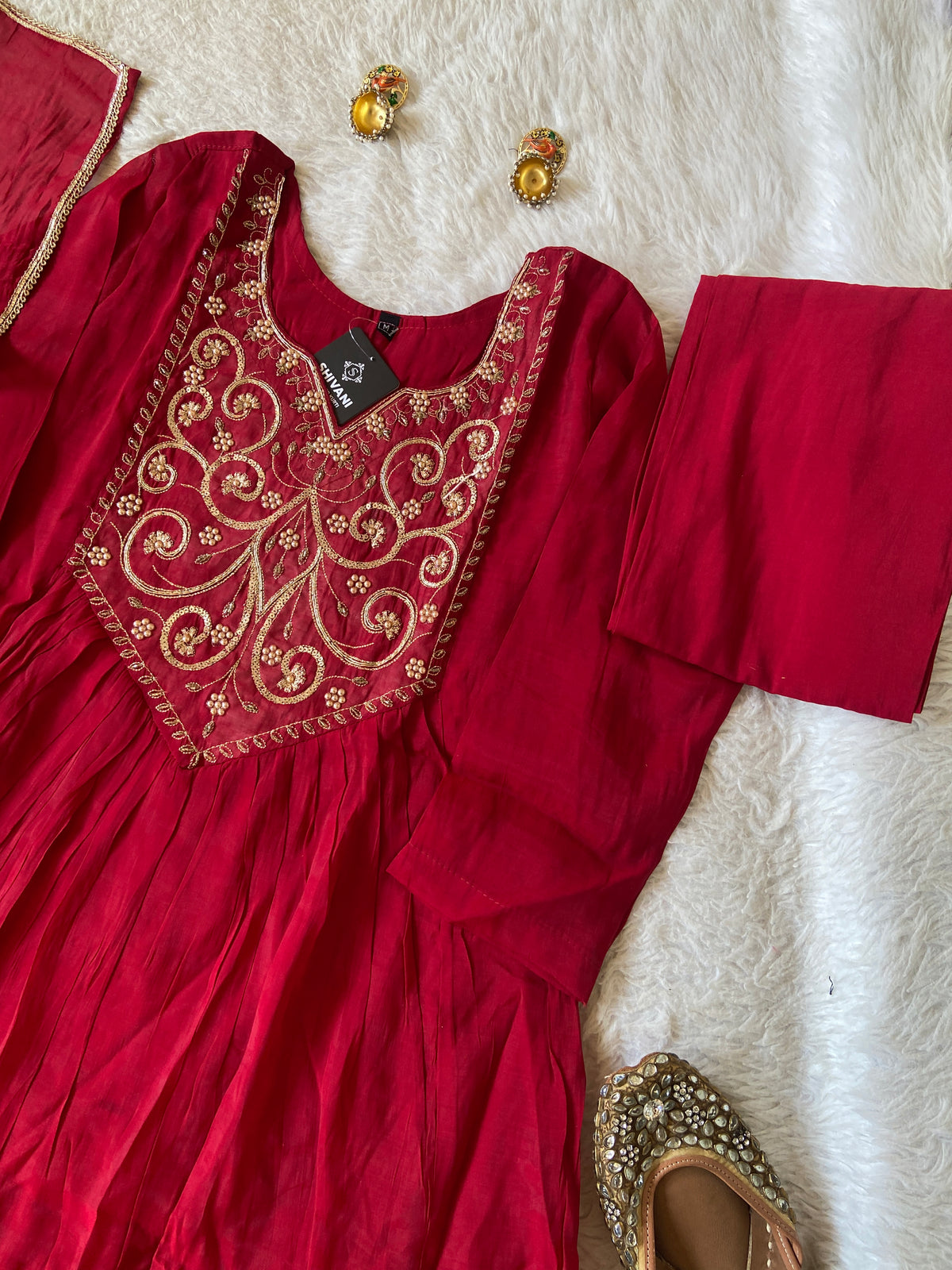 Embroidery Work Mul Chanderi ALine Kurti With Semi Palazzo And Dupatta. Silk Suit Sets For Women Online India. Shop the Latest Festive Summer Collection at Shivani Designer Kurti.