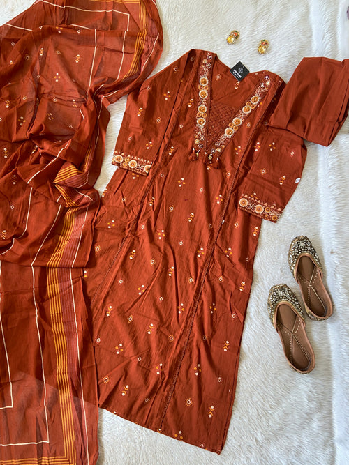 V-Neck Style, Embroidery Work Cotton Straight Cut Kurti With Pant And Dupatta. Cotton Suit Sets For Women Online India. Shop the Latest Festive Summer Collection at Shivani Designer Kurti.