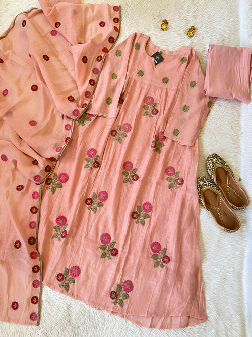 Flower Embroidery Work Coral Silk Aline Kurti With Palazzo And Dupatta. Silk Suit Sets For Women Online India. Shop the Latest Festive Summer Collection at Shivani Designer Kurti.