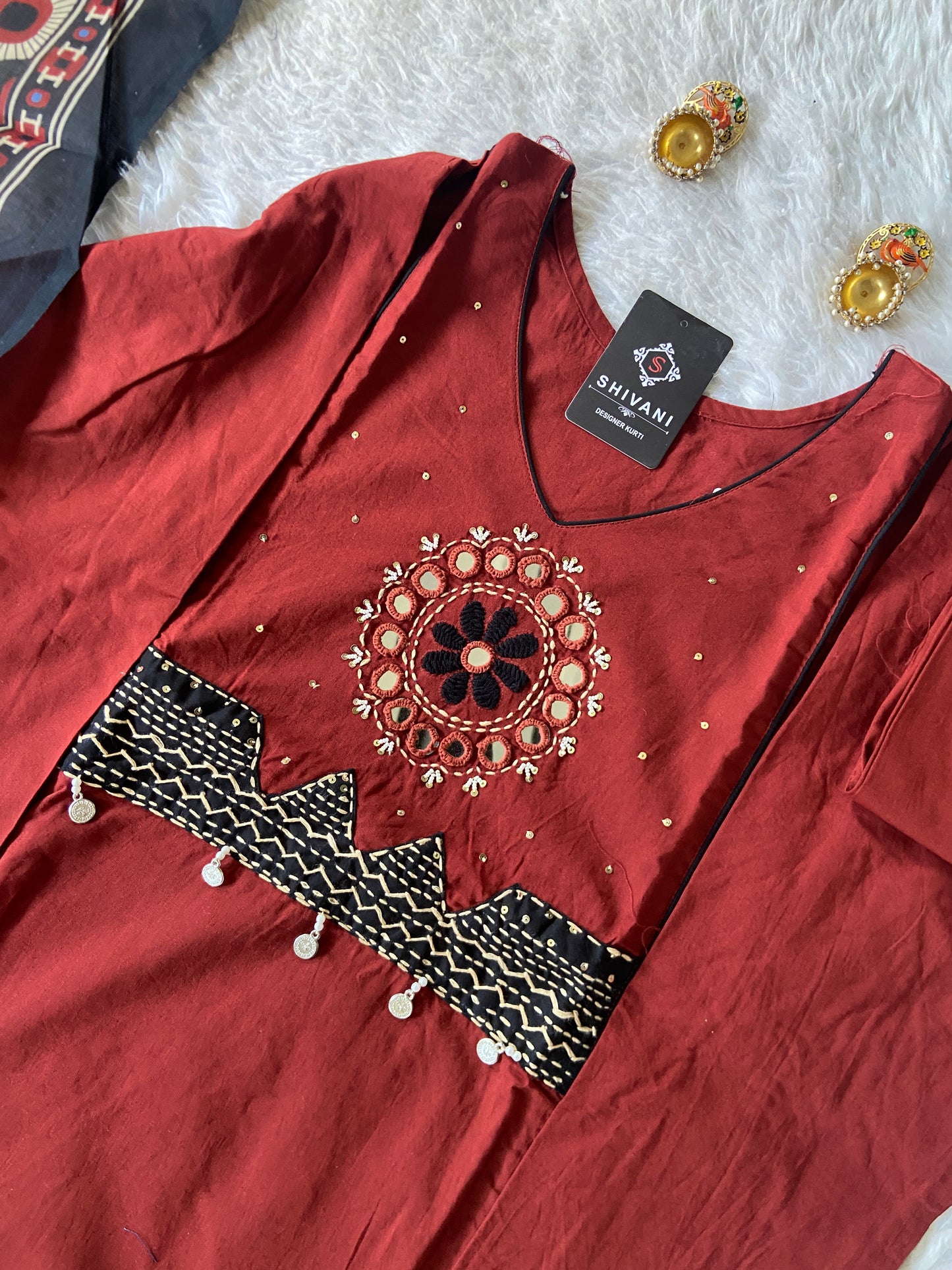 Cotton Hand Work Aline Kurti With Palazzo And Block Dupatta (Gamthi Pair). Cotton Suit Sets For Women Online India. Shop the Latest Festive Summer Collection at Shivani Designer Kurti.