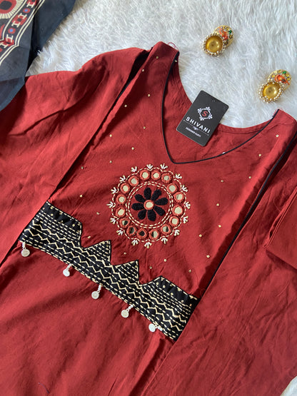 Cotton Hand Work Aline Kurti With Palazzo And Block Dupatta (Gamthi Pair). Cotton Suit Sets For Women Online India. Shop the Latest Festive Summer Collection at Shivani Designer Kurti.