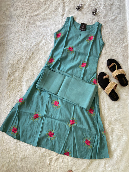 Sleeveless Kurti With Beautiful Embroidery Work And Plain Full Flair Palazzo. Silk Aline Kurti Sets For Women