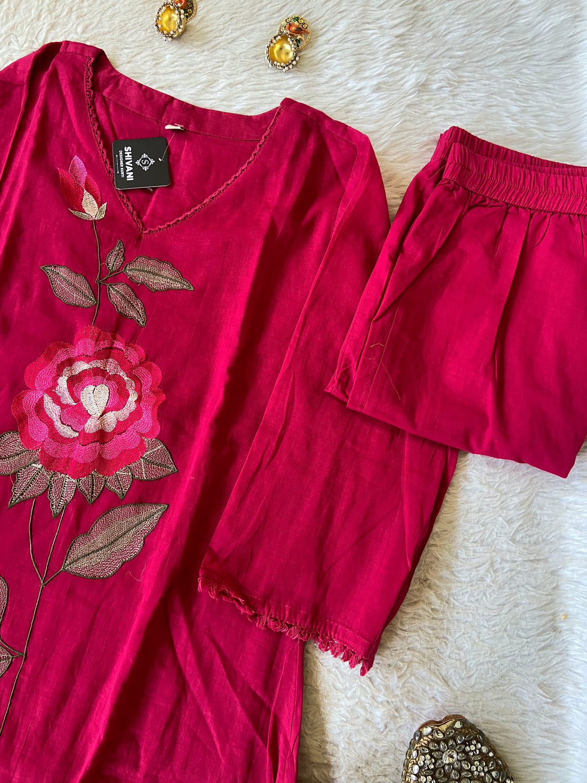 Flower Embroidery Work Cotton Aline Kurti, Pant And Dupatta. Cotton Suit Sets For Women Online India. Shop the Latest Festive Summer Collection at Shivani Designer Kurti.