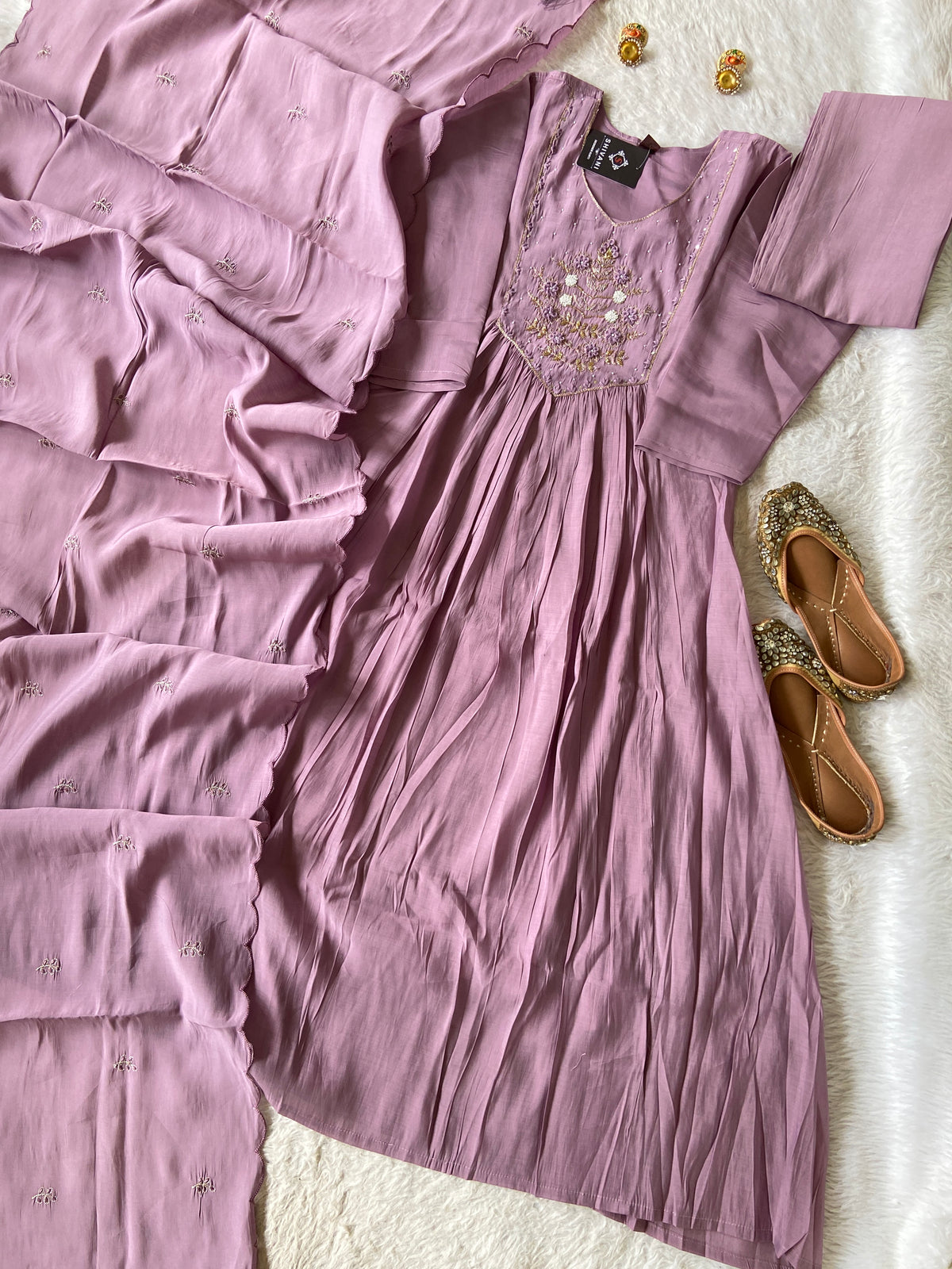Hand Work Neck, Mul Chanderi Aline Kurti With Palazzo And Dupatta. Silk Suit Sets For Women Online India. Shop the Latest Festive Summer Collection at Shivani Designer Kurti.