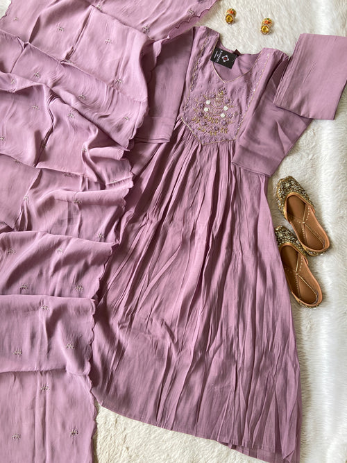 Hand Work Neck, Mul Chanderi Aline Kurti With Palazzo And Dupatta. Silk Suit Sets For Women Online India. Shop the Latest Festive Summer Collection at Shivani Designer Kurti.