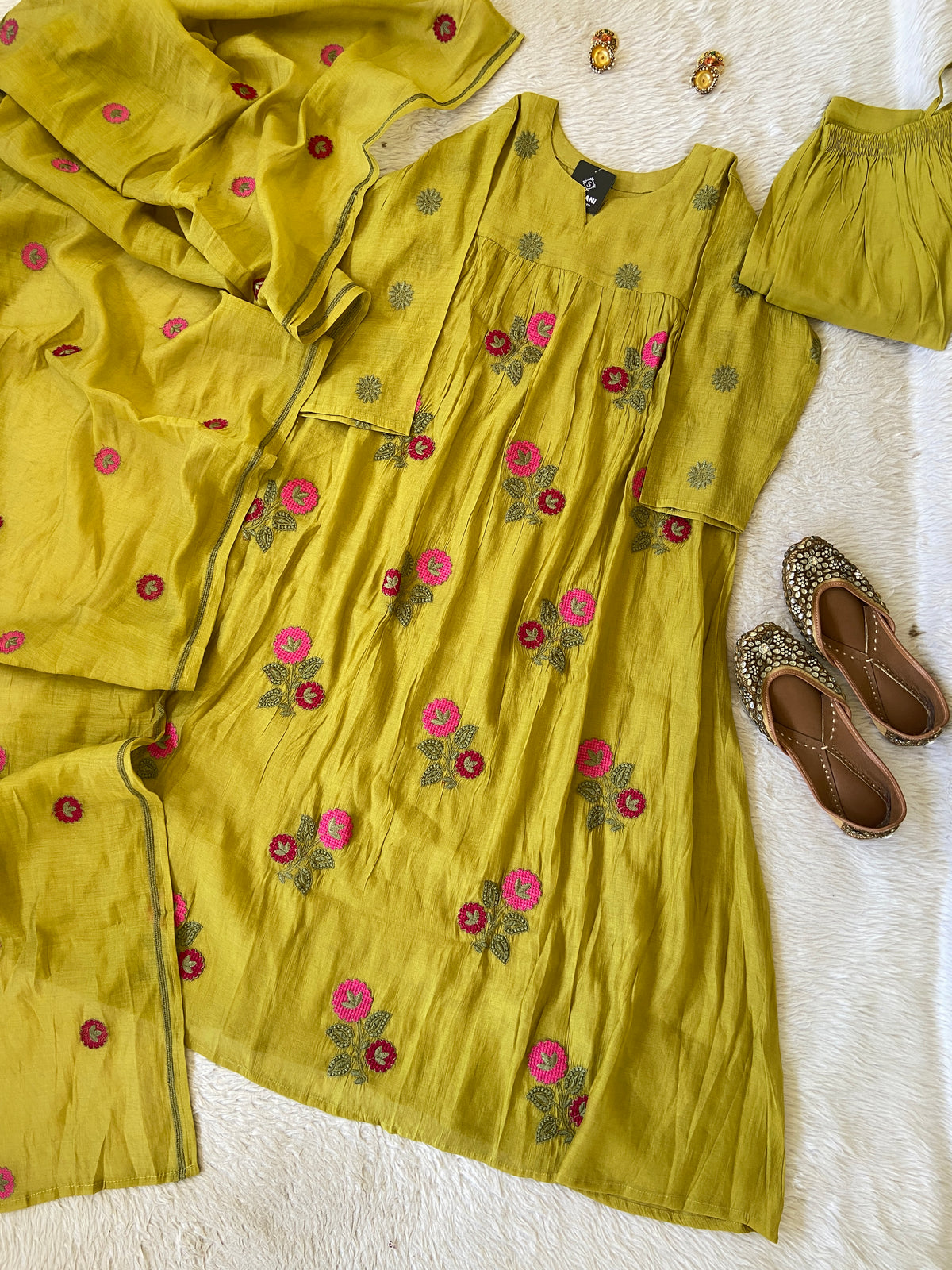 Flower Embroidery Work Coral Silk Aline Kurti With Palazzo And Dupatta. Silk Suit Sets For Women Online India. Shop the Latest Festive Summer Collection at Shivani Designer Kurti.