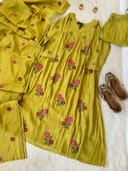Flower Embroidery Work Coral Silk Aline Kurti With Palazzo And Dupatta. Silk Suit Sets For Women Online India. Shop the Latest Festive Summer Collection at Shivani Designer Kurti.