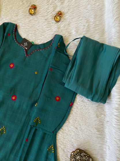 Flower Embroidery Work Coral Silk Aline Kurti With Palazzo And Dupatta. Silk Suit Sets For Women Online India. Shop the Latest Festive Summer Collection at Shivani Designer Kurti.