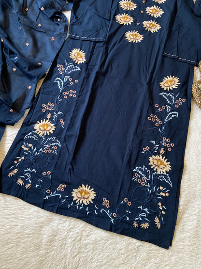 Flower Embroidery Work Cotton Straight Kurti, Pant And Dupatta. Cotton Suit Sets For Women Online India. Shop the Latest Festive Summer Collection at Shivani Designer Kurti.