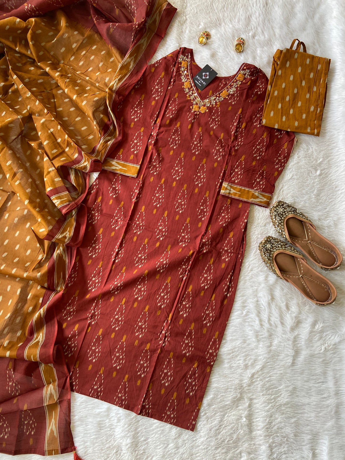 Ikkat Print With VNeck Handwork With Pant And Dupatta. Cotton StraightCut Suit Sets For Women
