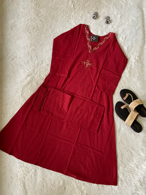 V-Neck Golden Work Cotton Aline Kurti And Palazzo. Cotton Aline Kurti Sets For Women Online India. Shop the Latest Festive Summer Collection at Shivani Designer Kurti. (Copy)